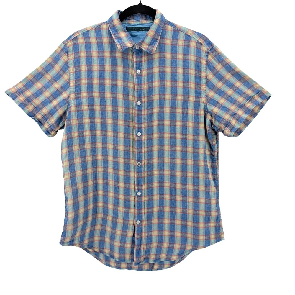 Perry Ellis Men's M 100% Linen Short Sleeve Button Up Shirt Blue Plaid